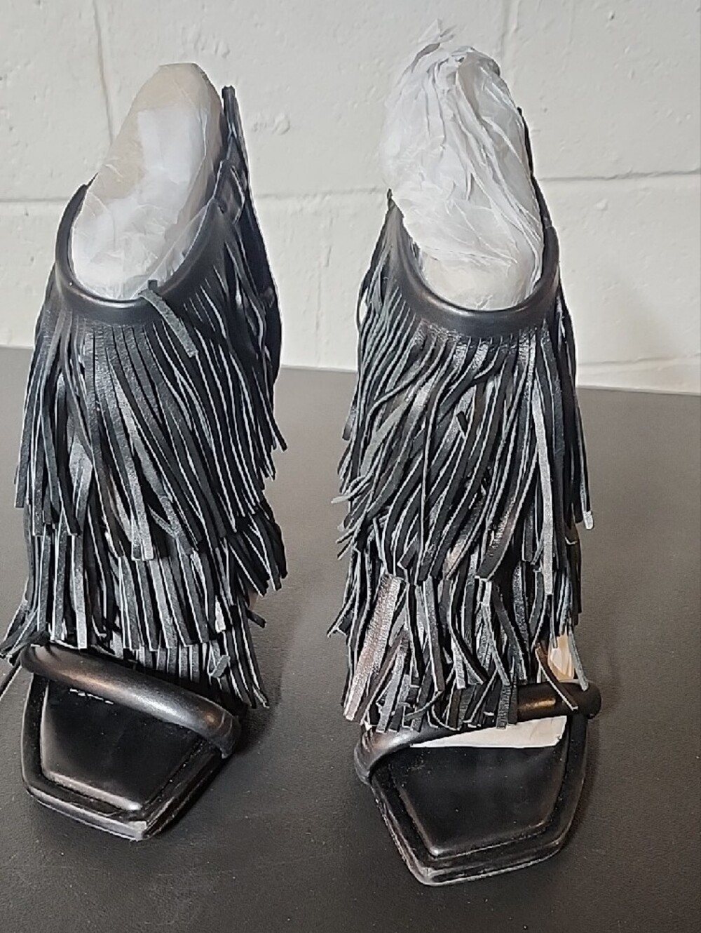 Black Fringe High Heel Sandals - Women's Designer Style - Picture 2 of 8